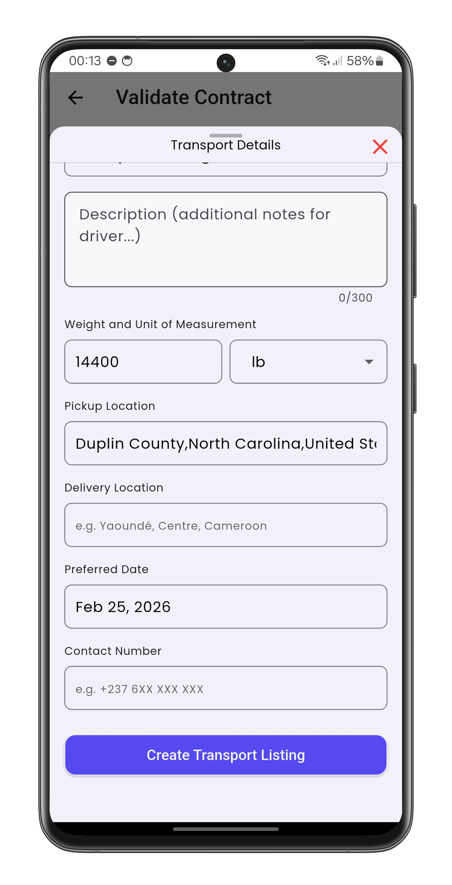 Transport Integration Screen
