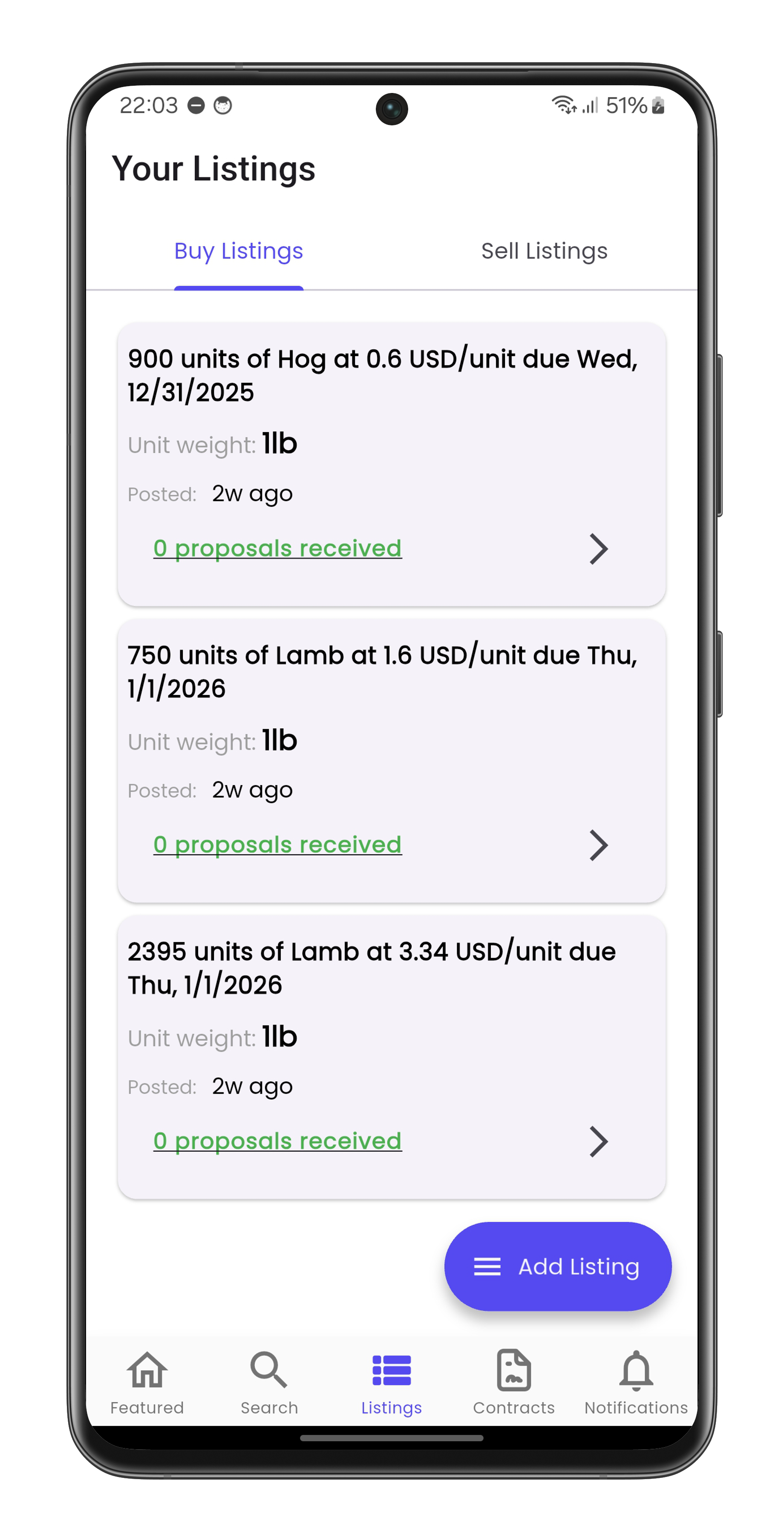 Buy Listings Screen