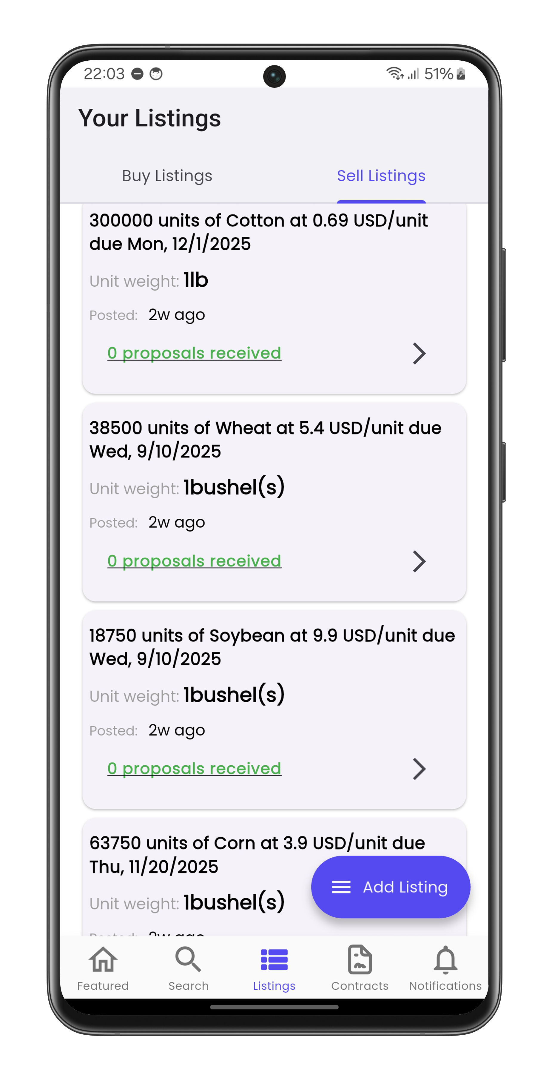 Sell Listings Screen